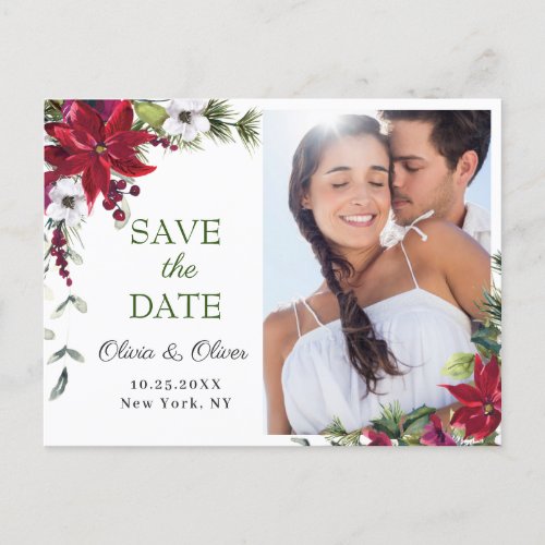 Elegant Red Poinsettia PHOTO Wedding Save the Date Announcement Postcard