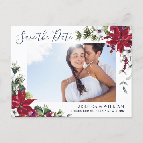 Elegant Red Poinsettia PHOTO Wedding Save the Date Announcement Postcard