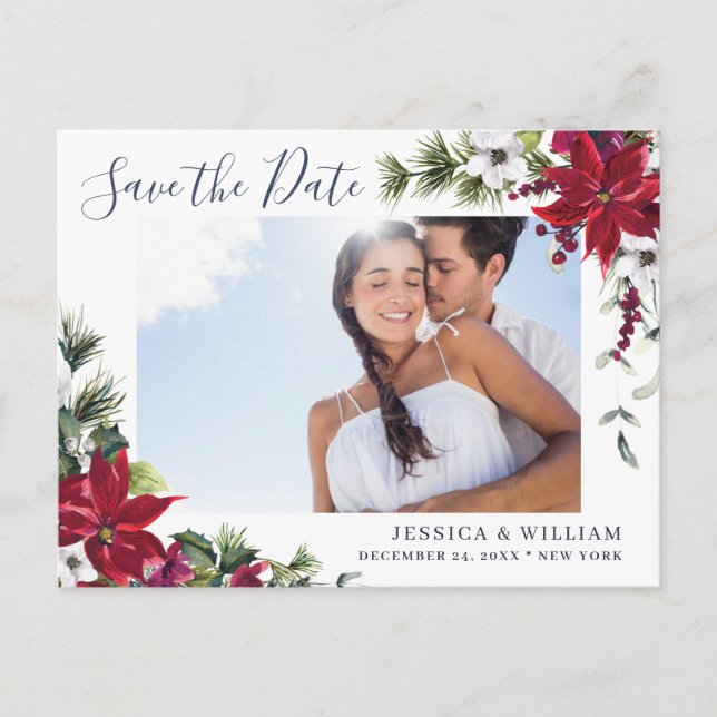 Elegant Red Poinsettia PHOTO Wedding Save the Date Announcement Postcard (Front)