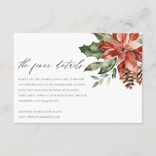 Elegant Red Poinsettia Pine Cone Wedding Details Enclosure Card
