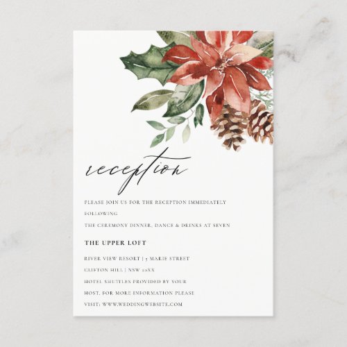 Elegant Red Poinsettia Pine Cone Wedding Reception Enclosure Card