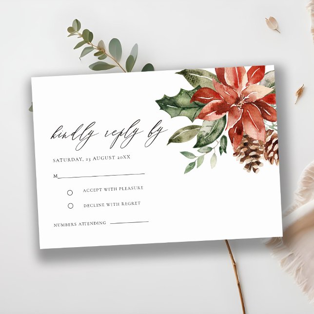 Elegant Red Poinsettia Pine Cone Wedding RSVP Enclosure Card (Creator Uploaded)
