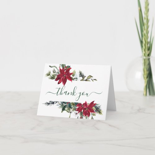 Elegant Red Poinsettia Pine Fir Watercolor Thank Y Thank You Card