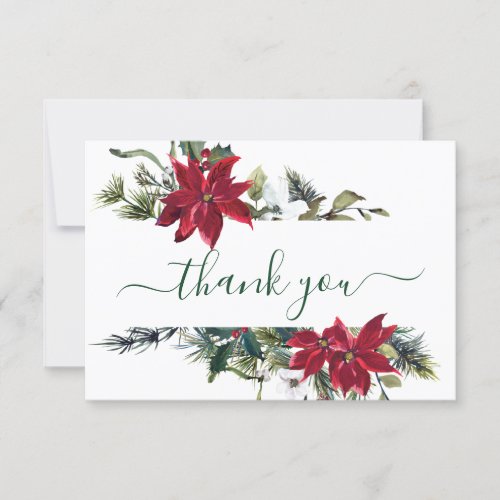 Elegant Red Poinsettia Pine Fir Watercolor Thank Y Thank You Card