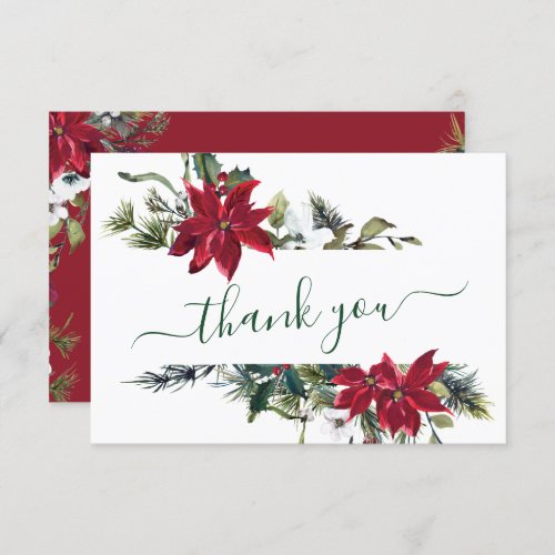 Elegant Red Poinsettia Pine Fir Watercolor Thank Y Thank You Card