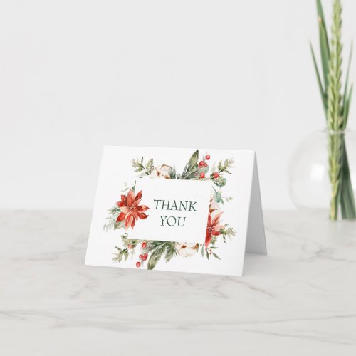 Elegant Red Poinsettia Pine Fir Watercolor Thank Y Thank You Card