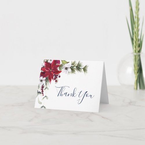 Elegant Red Poinsettia Pine Fir Watercolor Thank You Card