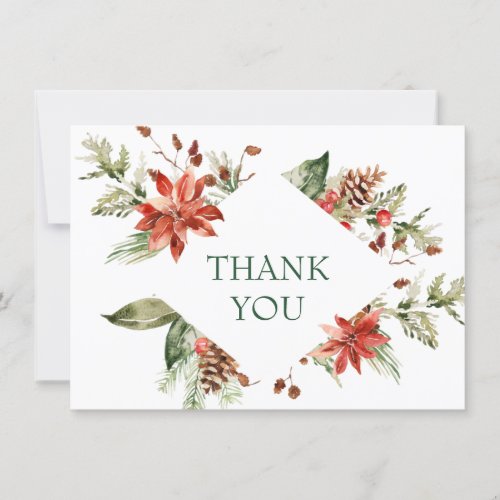 Elegant Red Poinsettia Pine Fir Watercolor Thank You Card