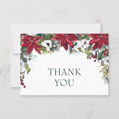 Elegant Red Poinsettia Pine Fir Watercolor Thank You Card