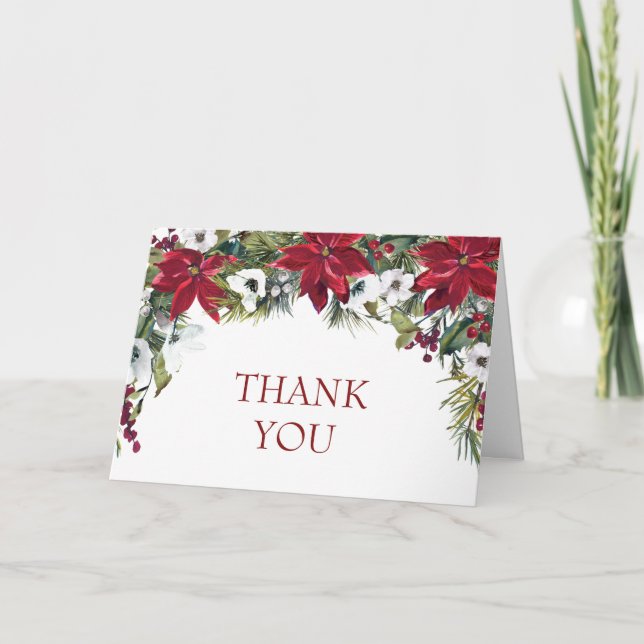 Elegant Red Poinsettia Pine Fir Watercolor Thank You Card (Front)