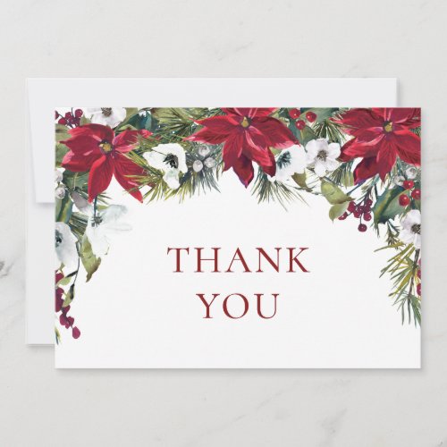 Elegant Red Poinsettia Pine Fir Watercolor Thank You Card