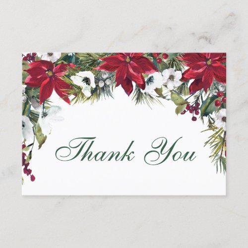 Elegant Red Poinsettia Pine Fir Watercolor Thank You Card