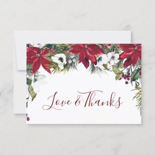 Elegant Red Poinsettia Pine Fir Watercolor Thank You Card