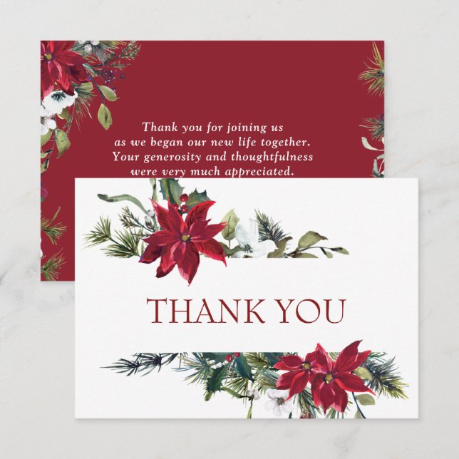 Elegant Red Poinsettia Pine Fir Watercolor Thank You Card (Front/Back)