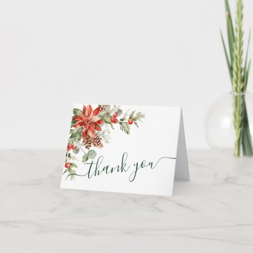 Elegant Red Poinsettia Pine Fir Watercolor Thank You Card