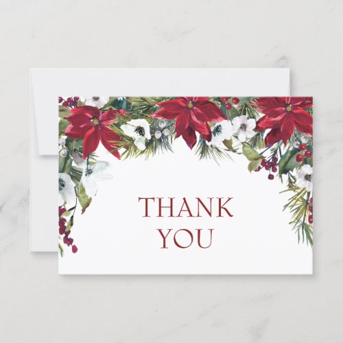 Elegant Red Poinsettia Pine Fir Watercolor Thank You Card