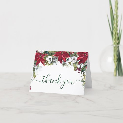 Elegant Red Poinsettia Pine Fir Watercolor Thank You Card