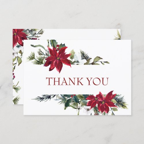 Elegant Red Poinsettia Pine Fir Watercolor Thank You Card