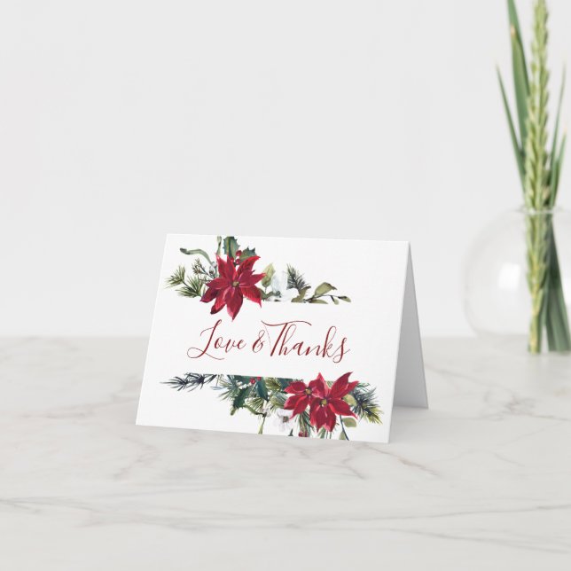 Elegant Red Poinsettia Pine Fir Watercolor Thank You Card (Front)