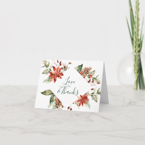 Elegant Red Poinsettia Pine Fir Watercolor Thank You Card