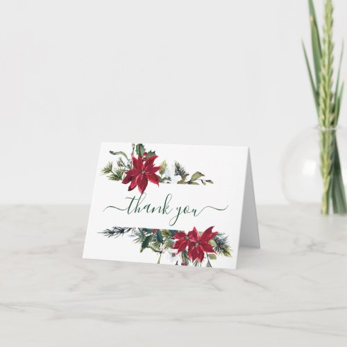 Elegant Red Poinsettia Pine Fir Watercolor Thank You Card