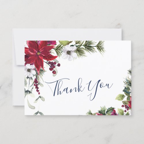 Elegant Red Poinsettia Pine Fir Watercolor Thank You Card