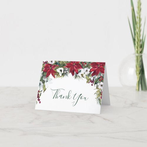 Elegant Red Poinsettia Pine Fir Watercolor Thank You Card