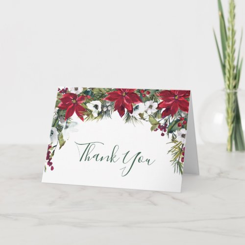 Elegant Red Poinsettia Pine Fir Watercolor Thank You Card