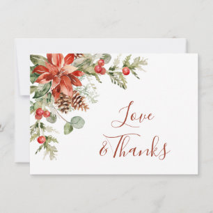 Elegant Red Poinsettia Pine Fir Watercolor Thank You Card
