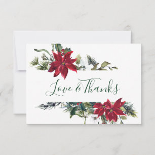 Elegant Red Poinsettia Pine Fir Watercolor Thank You Card