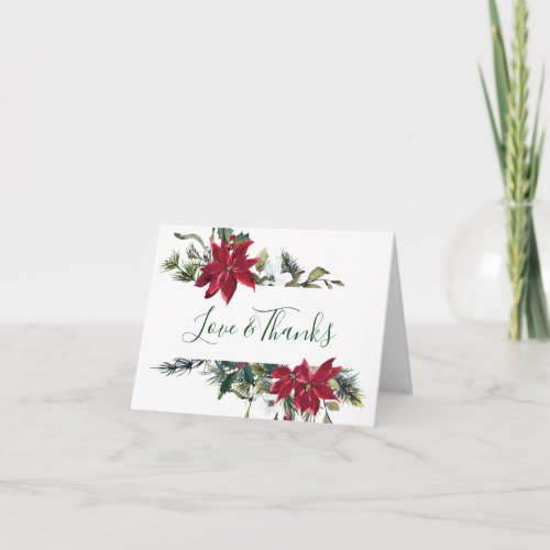 Elegant Red Poinsettia Pine Fir Watercolor Thank You Card