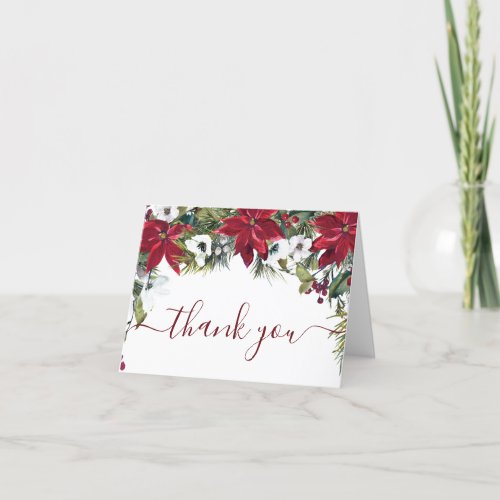 Elegant Red Poinsettia Pine Fir Watercolor Thank You Card