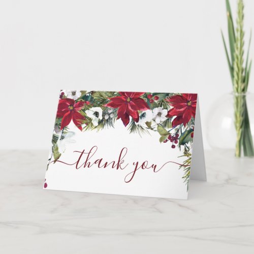 Elegant Red Poinsettia Pine Fir Watercolor Thank You Card