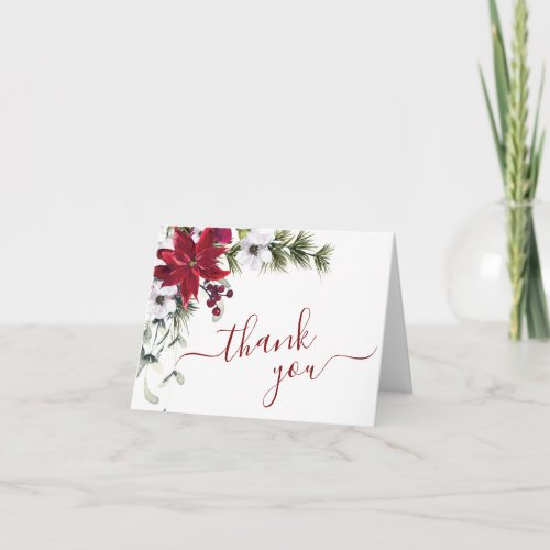 Elegant Red Poinsettia Pine Fir Watercolor Thank You Card