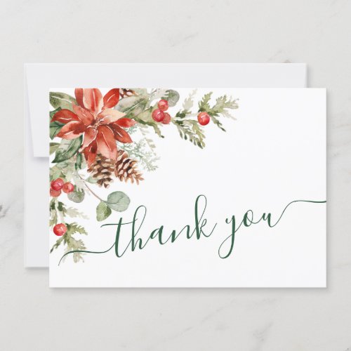 Elegant Red Poinsettia Pine Fir Watercolor Thank You Card