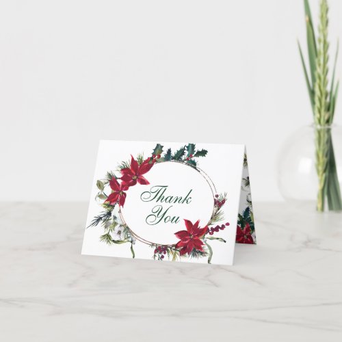 Elegant Red Poinsettia Pine Fir Watercolor Thank You Card