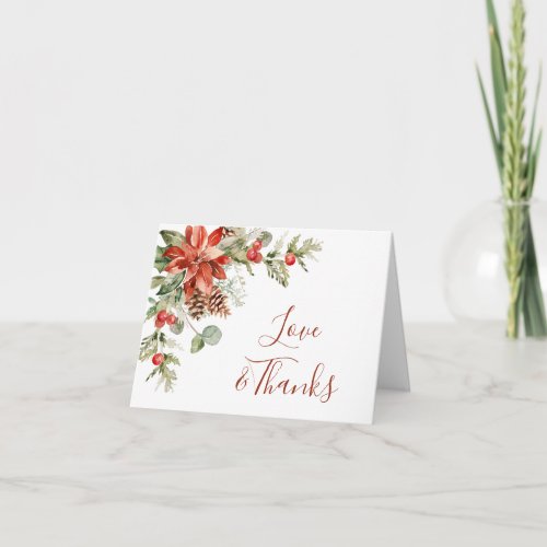 Elegant Red Poinsettia Pine Fir Watercolor Thank You Card