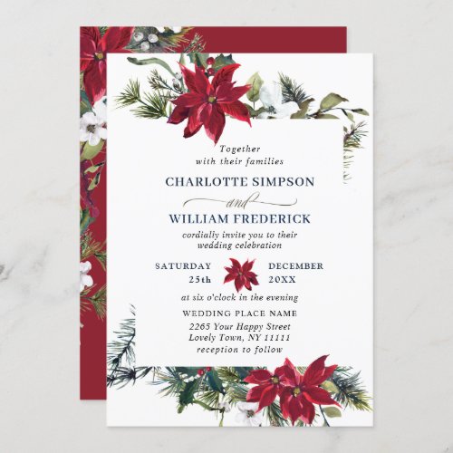 Elegant Red Poinsettia Pine Fir Watercolor Wedding Invitation