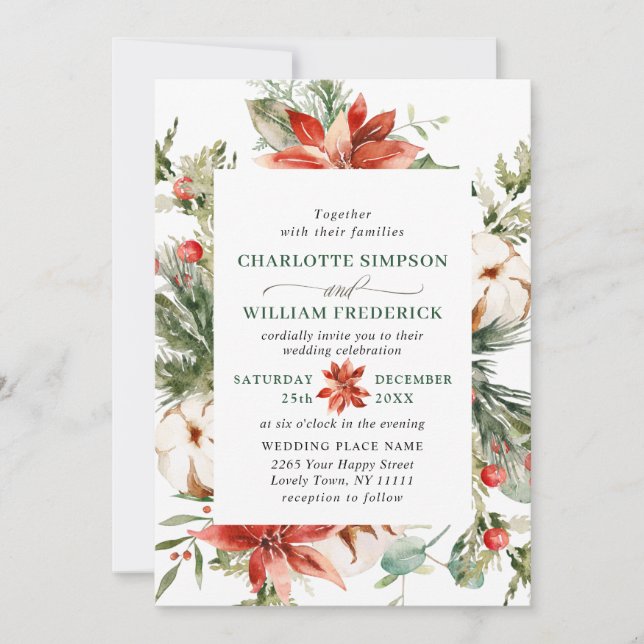 Elegant Red Poinsettia Pine Fir Watercolor Wedding Invitation (Front)