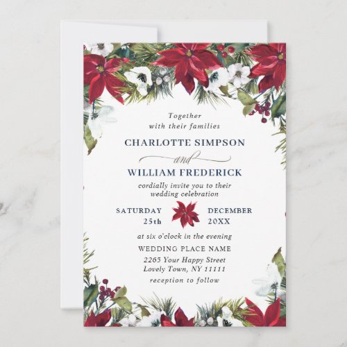 Elegant Red Poinsettia Pine Fir Watercolor Wedding Invitation