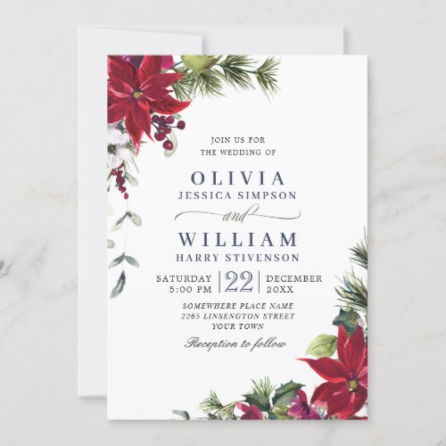 Elegant Red Poinsettia Pine Fir Watercolor Wedding Invitation