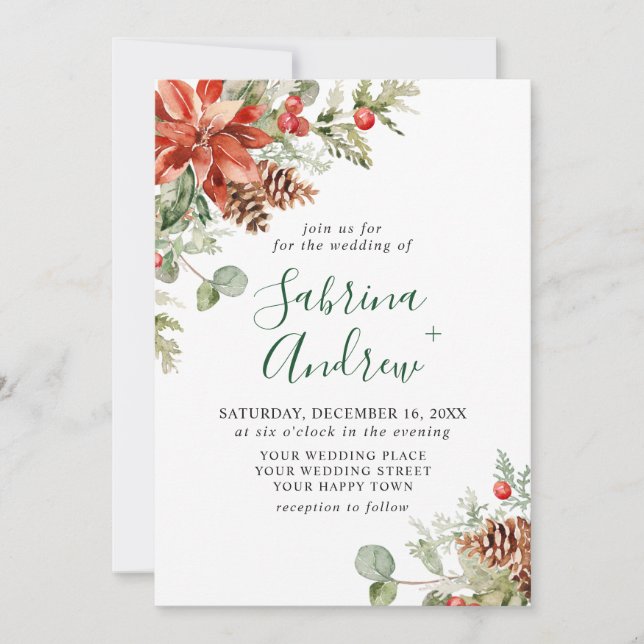 Elegant Red Poinsettia Pine Fir Watercolor Wedding Invitation (Front)