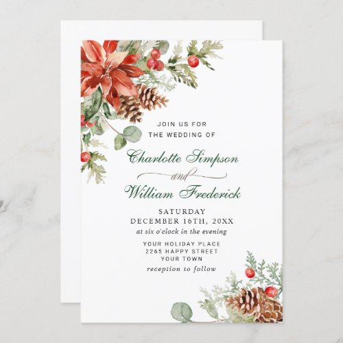 Elegant Red Poinsettia Pine Fir Watercolor Wedding Invitation
