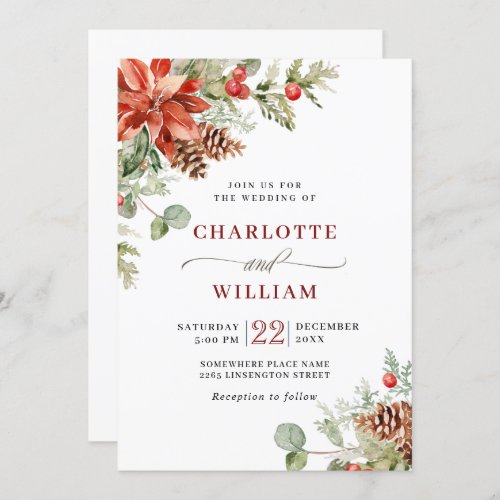 Elegant Red Poinsettia Pine Fir Watercolor Wedding Invitation