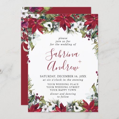 Elegant Red Poinsettia Pine Fir Watercolor Wedding Invitation