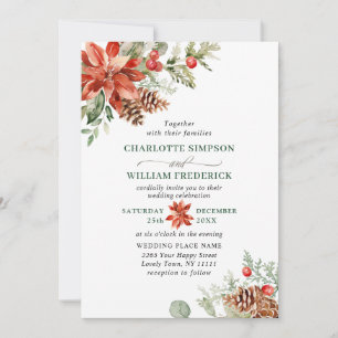 Elegant Red Poinsettia Pine Fir Watercolor Wedding Invitation