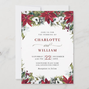 Elegant Red Poinsettia Pine Fir Watercolor Wedding Invitation