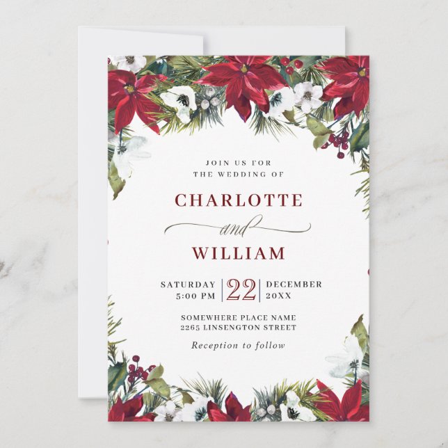 Elegant Red Poinsettia Pine Fir Watercolor Wedding Invitation (Front)