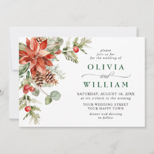 Elegant Red Poinsettia Pine Fir Watercolor Wedding Invitation
