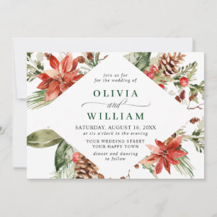 Elegant Red Poinsettia Pine Fir Watercolor Wedding Invitation